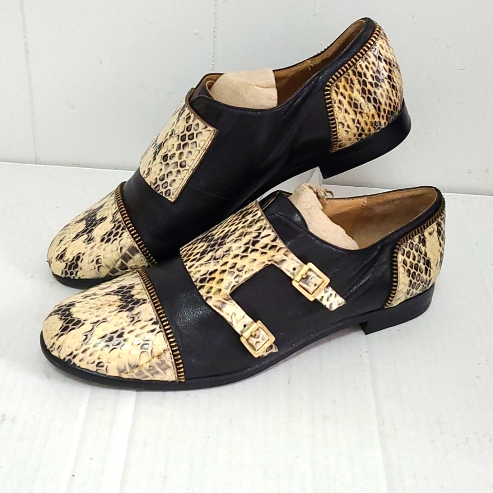 Rachel Zoe Black Snake Leather Buckle Strap Shoes sz 7